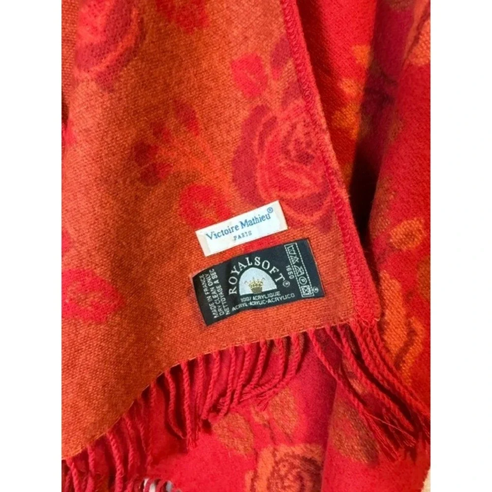Victoire Mathieu Paris Royalsoft Red Orange Floral Rose Fringe Shawl Wrap France